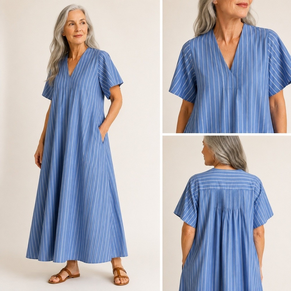 Lee Mathews Australia Blue White Striped Cotton Poplin V-Neck Maxi Dress Size 0